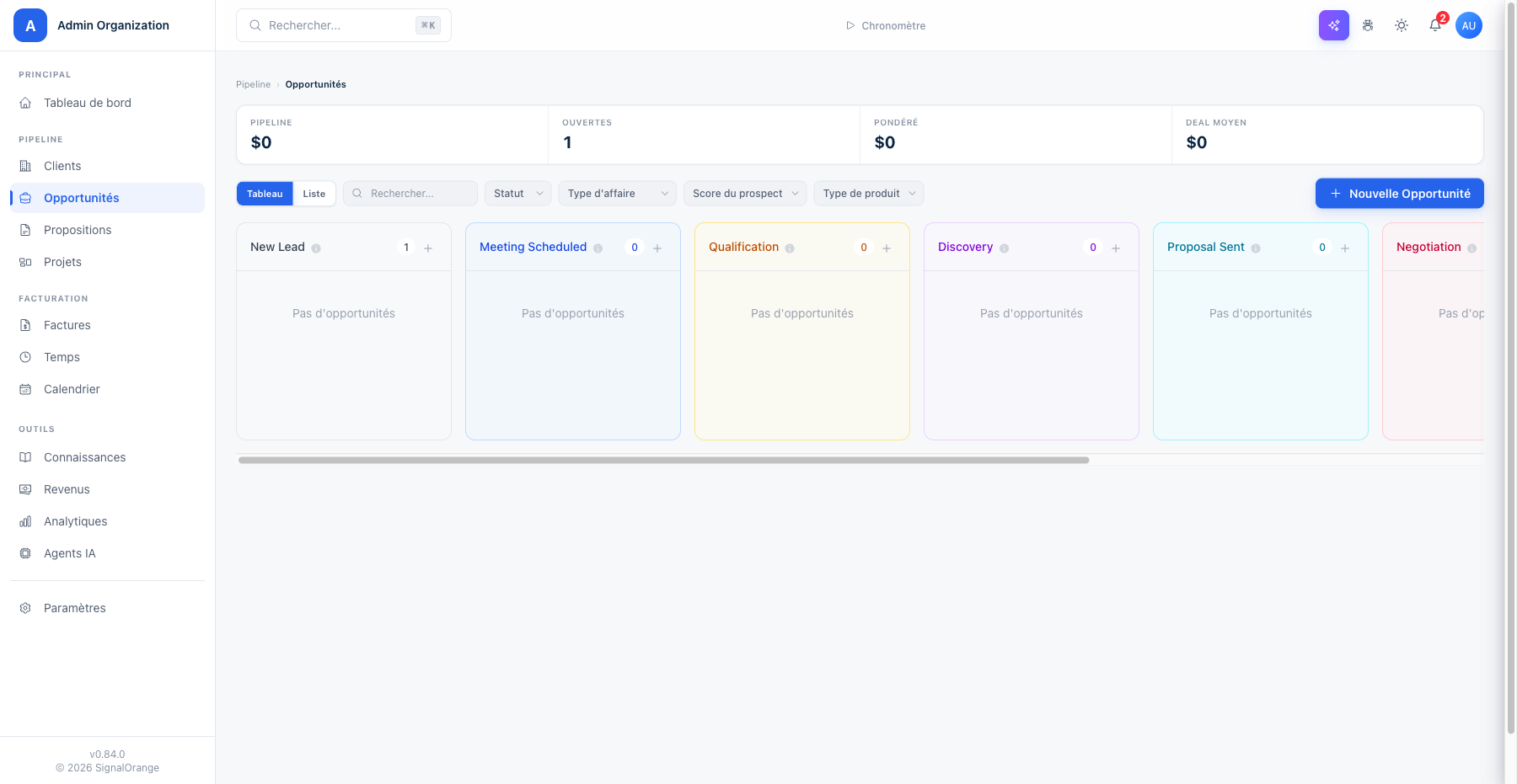 Vue tableau (Kanban) du pipeline avec une colonne par étape