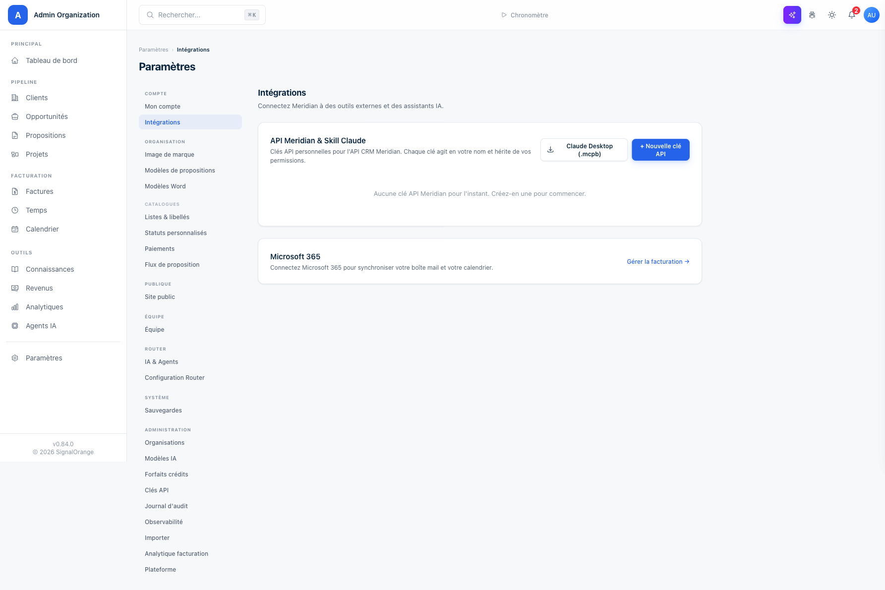 Page Integrations : carte « API Meridian & Skill Claude » avec le bouton « + Nouvelle clé API »