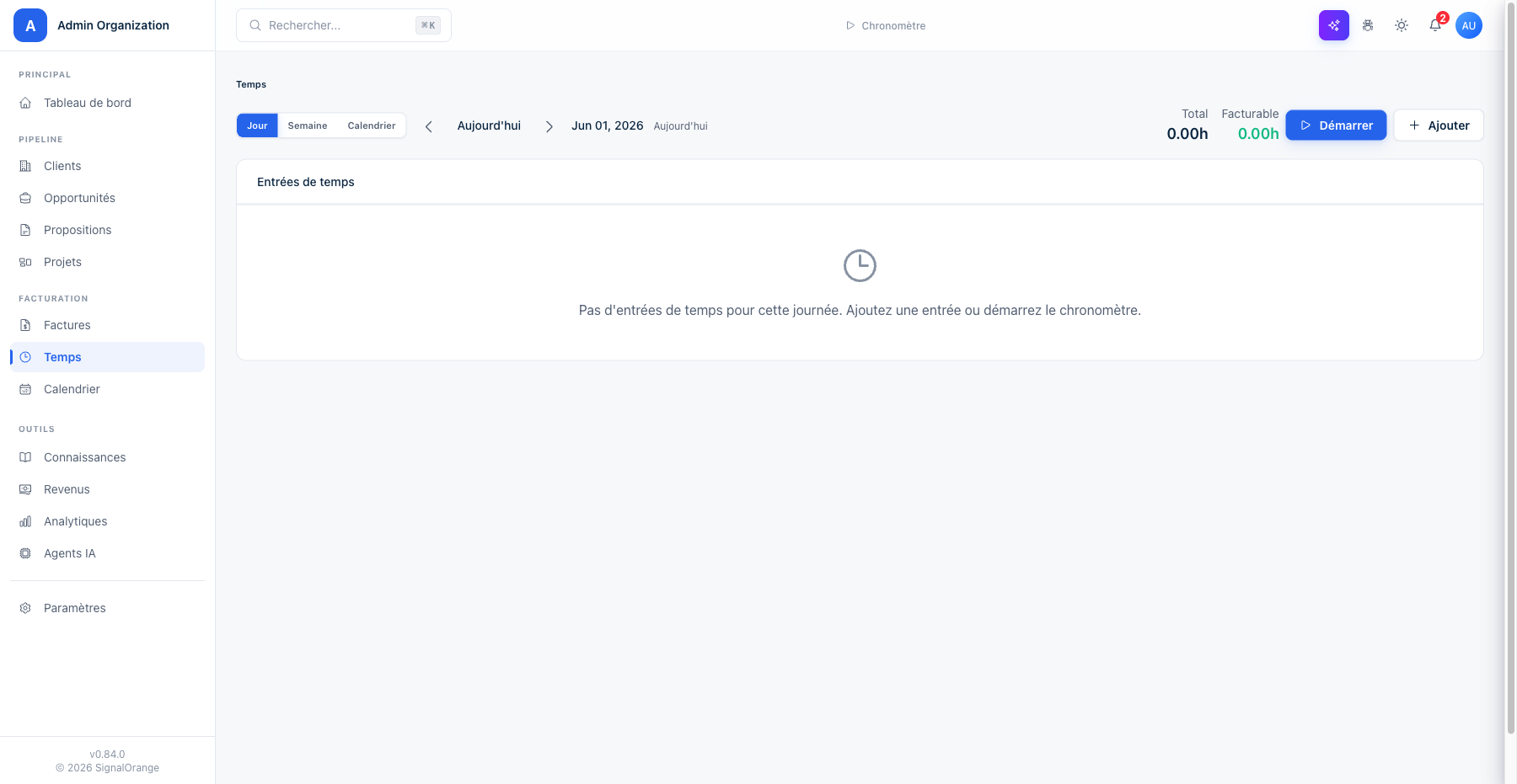 Page Temps : minuteur « Démarrer », saisie manuelle « Ajouter » et totaux d'heures
